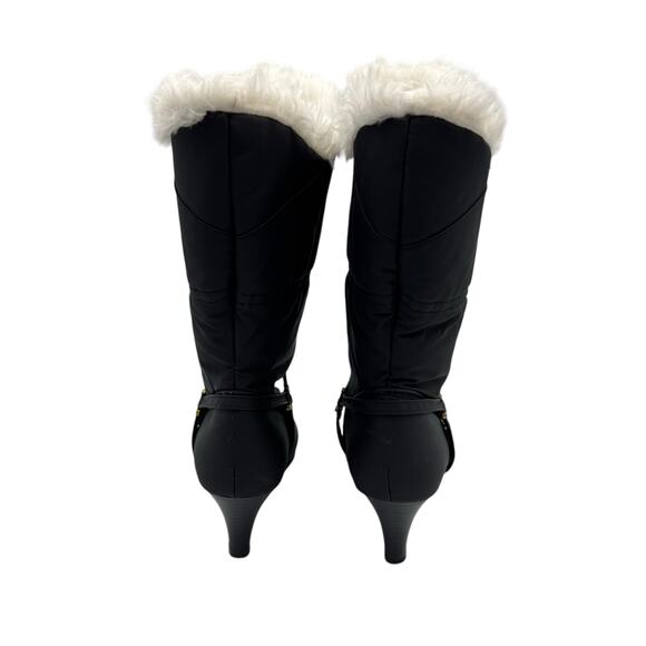 R.O.C. Vintage Black Nylon Mid Calf Faux Fur Pointed Toe Cone Heel Pull On Boots - Picture 4 of 12
